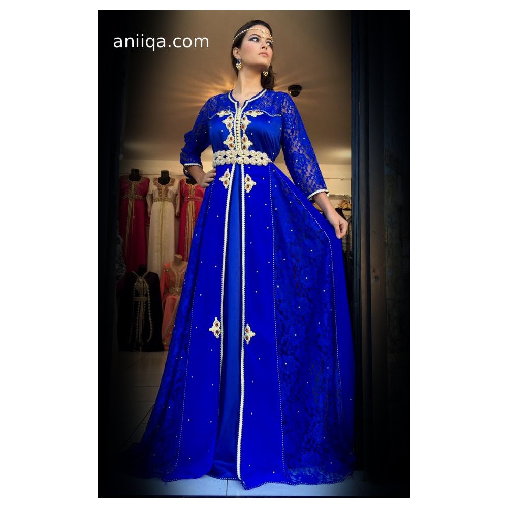 Caftan moderne bleu roi , mousseline et dentelle