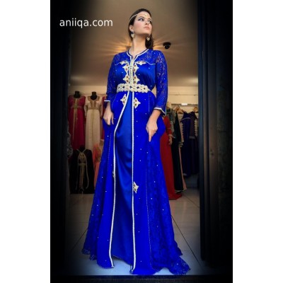 Caftan moderne bleu roi , mousseline et dentelle