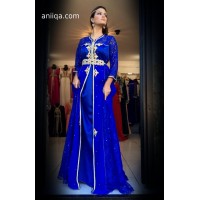 Caftan moderne bleu roi , mousseline et dentelle