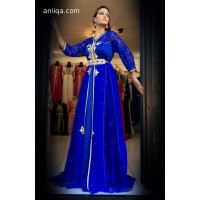 Caftan moderne bleu roi , mousseline et dentelle