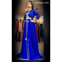 Caftan moderne bleu roi , mousseline et dentelle