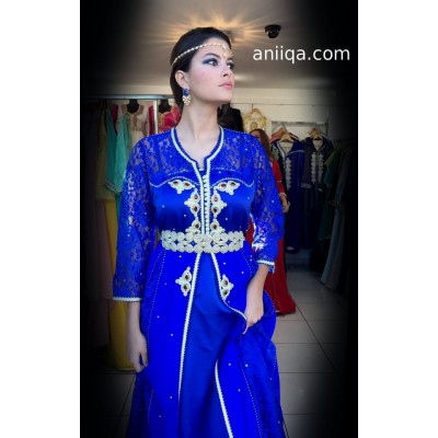 Caftan moderne bleu roi , mousseline et dentelle