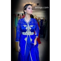 Caftan moderne bleu roi , mousseline et dentelle