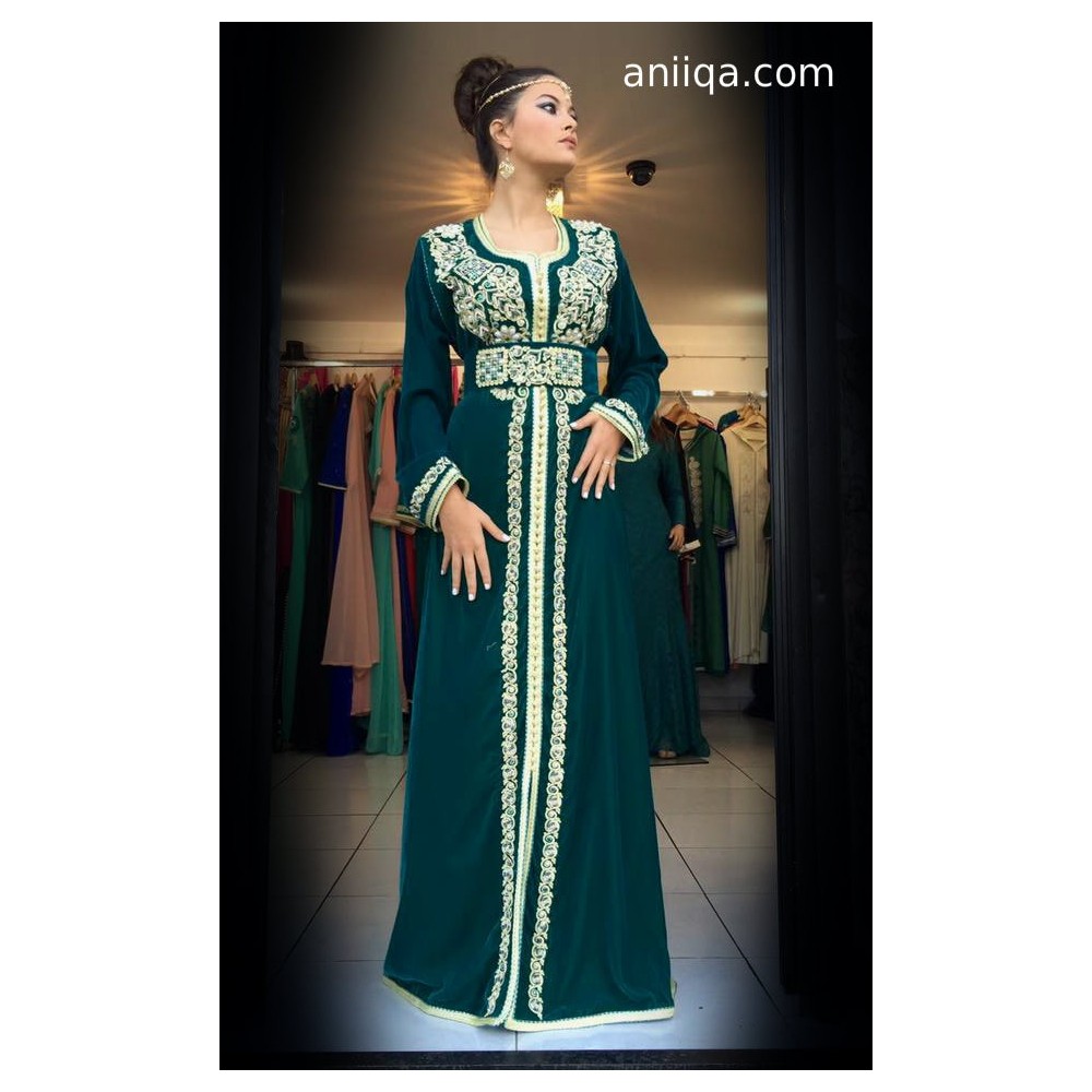 Robe marocaine velour vert emeraude Salam