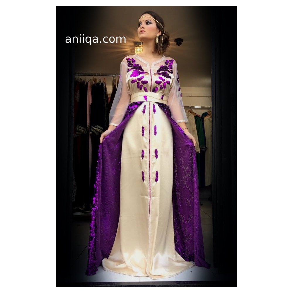 Caftan marocain tendance 2018 violet & beige Sana1