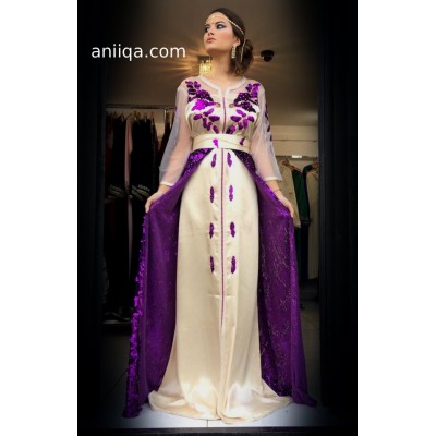 Caftan marocain tendance 2018 violet & beige Sana1