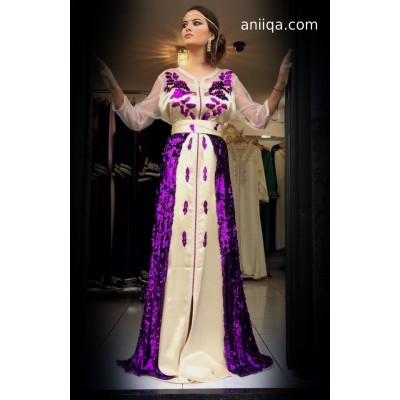 Caftan marocain tendance 2018 violet & beige Sana1