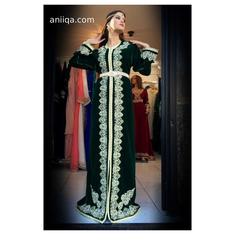 caftan marocain velours vert  royal Henna