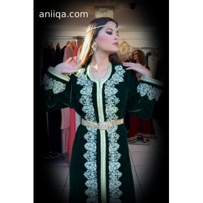 caftan marocain velours vert  royal Henna