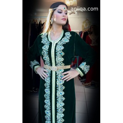 caftan marocain velours vert  royal Henna