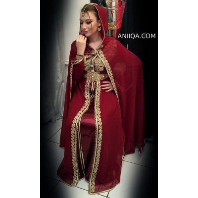 Caftan marocain 2017 bordeaux avec cape Mariam