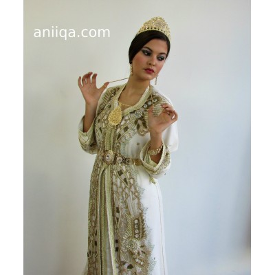 Caftan marocain sari blanc et doré Sali