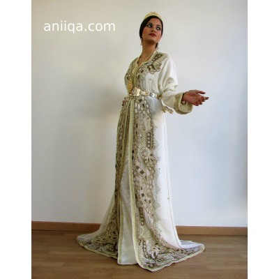 Caftan marocain sari blanc et doré Sali