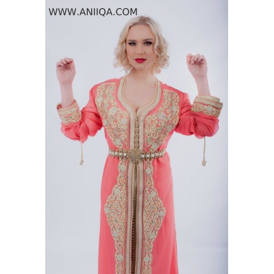 Caftan marocain corail Loubna