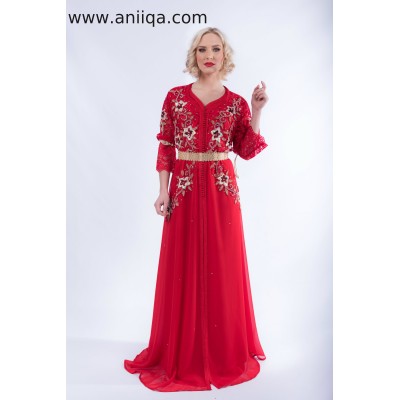 Caftan marocain dentelle rouge perlée Leila