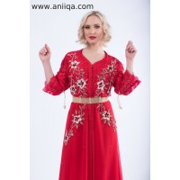 Caftan marocain dentelle rouge perlée Leila