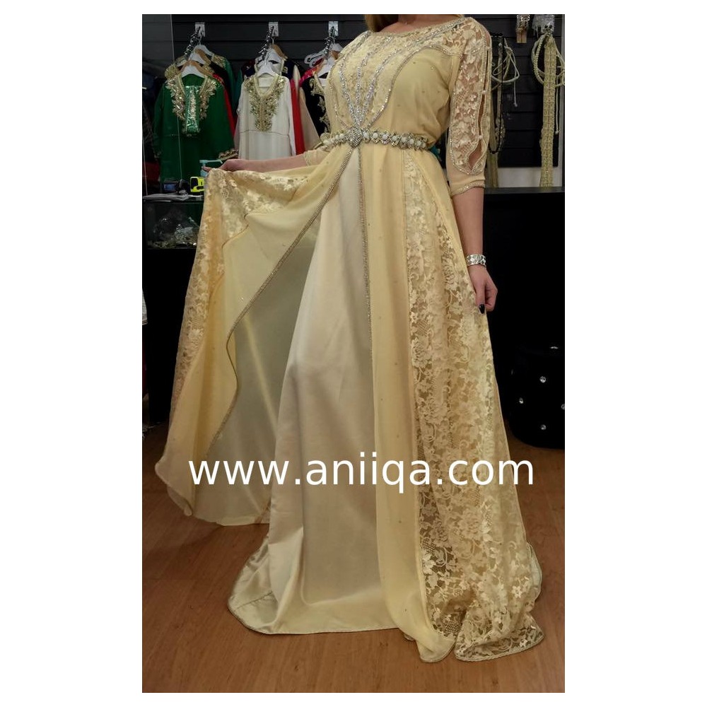 Caftan moderne dentelle beige Nassima