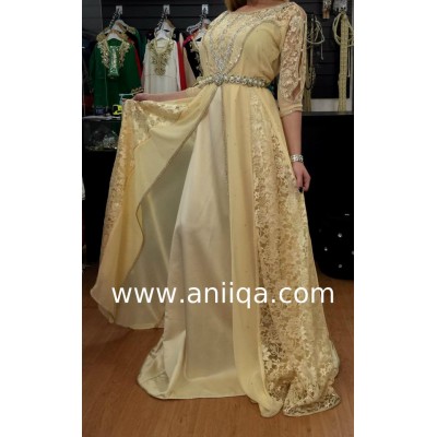 Caftan moderne dentelle beige Nassima