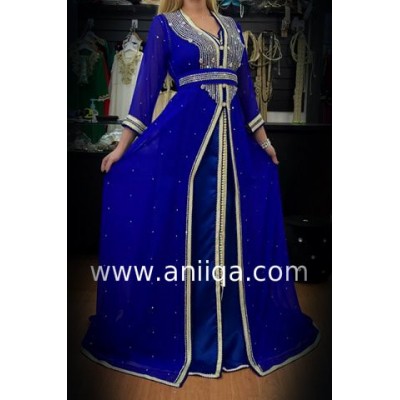 Caftan marocain grande taille  bleu roi strass Kanza