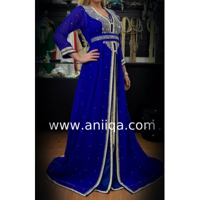 Caftan marocain grande taille  bleu roi strass Kanza