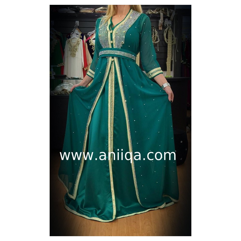 Caftan marocain vert strassé Rabia