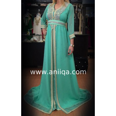 Caftan moderne vert d'eau strassé Mounia