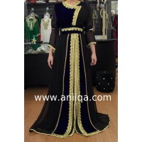 Caftan noir & bleu nuit velours et mousseline Leila 