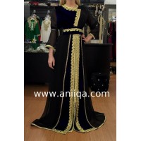 Caftan noir & bleu nuit velours et mousseline Leila 