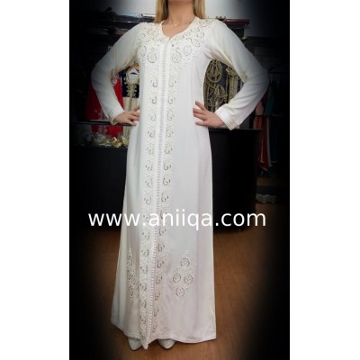 Caftan simple blanc et argent Salima