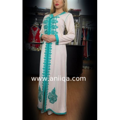 Caftan simple Ivoire & vert Salima