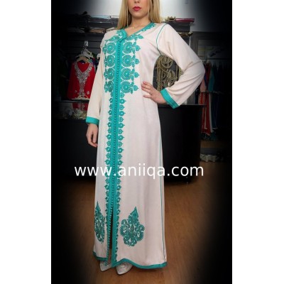 Caftan simple Ivoire & vert Salima