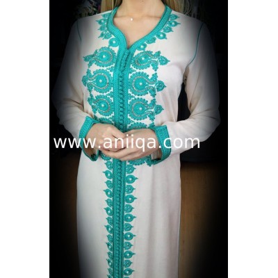 Caftan simple Ivoire & vert Salima