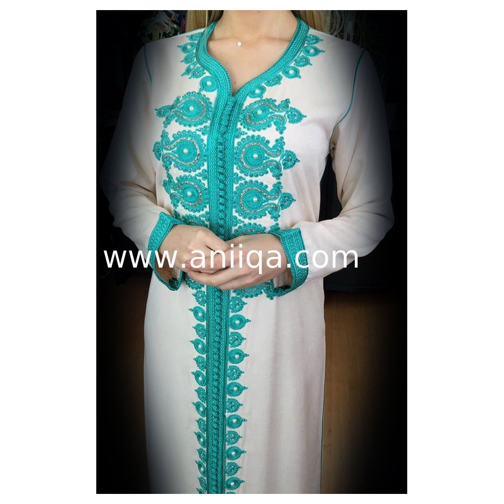 Caftan simple Ivoire & vert Salima