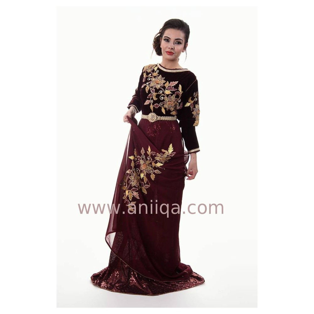 Caftan velours et mousseline bordeaux Leila