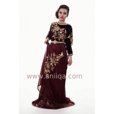 Caftan velours et mousseline bordeaux Leila