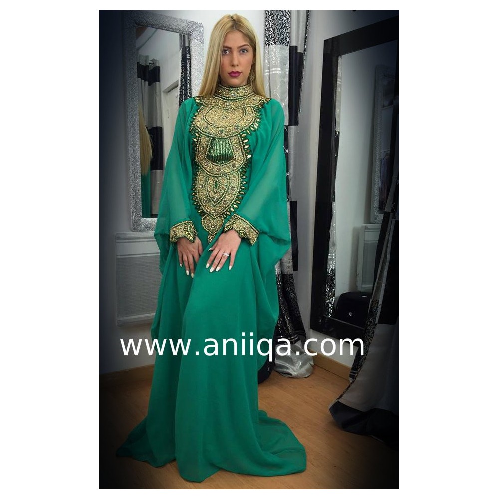 Robe dubai luxe verte doré Hilal