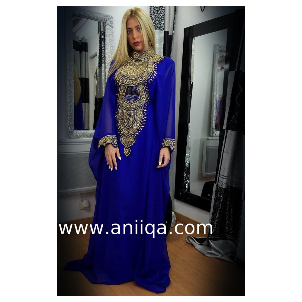 Robe dubai luxe bleu roi & doré Hilal