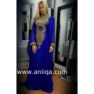 Robe dubai luxe bleu roi & doré Hilal