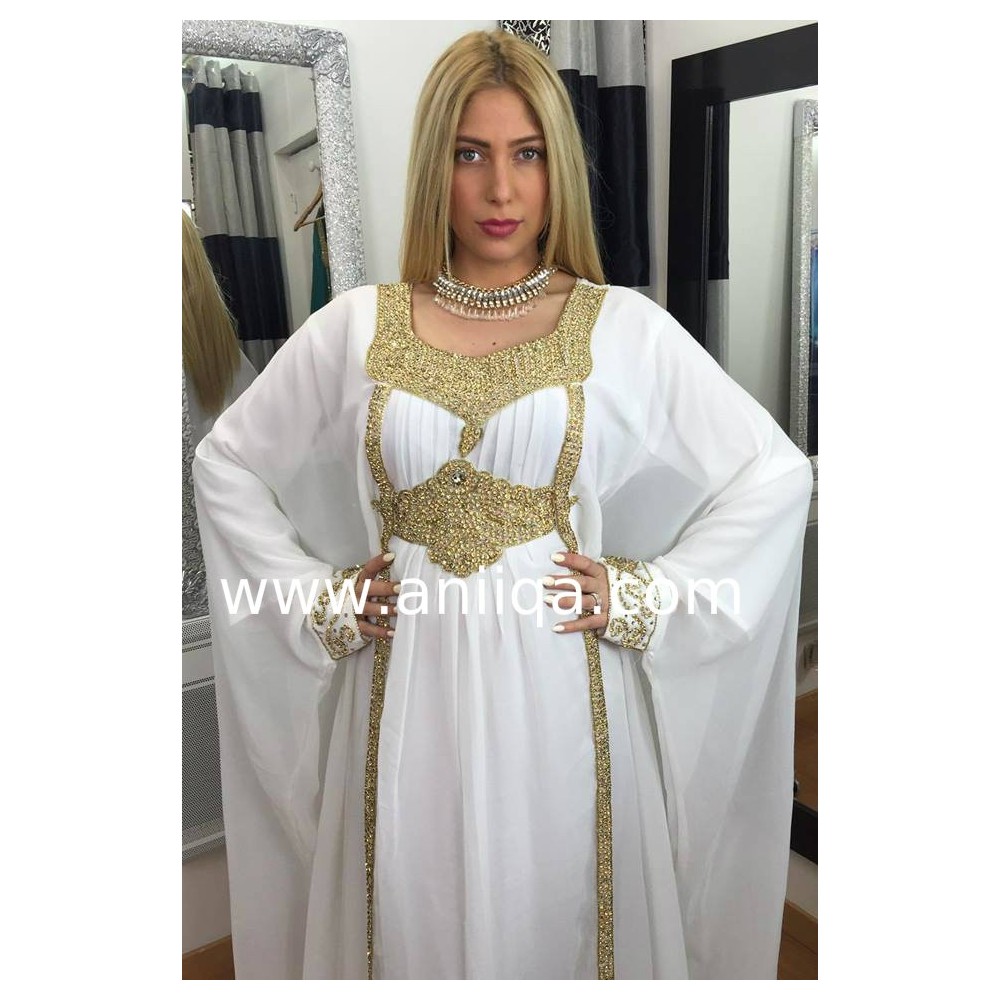 Robe dubai blanche & doré Samia