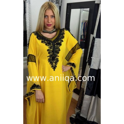 Robe orientale de dubai jaune moutarde & noire Lamia