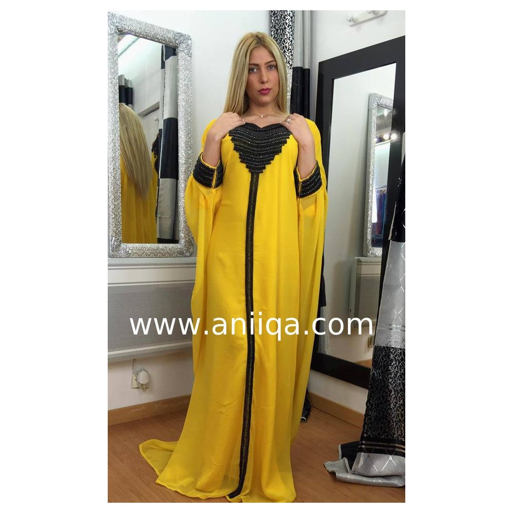 Robe dubai tendance jaune et noire Leila