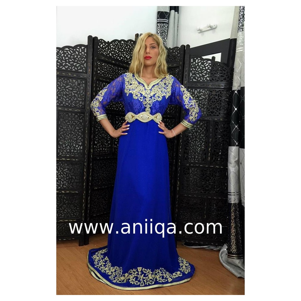 Location caftan marocain moderne bleu roi Salma