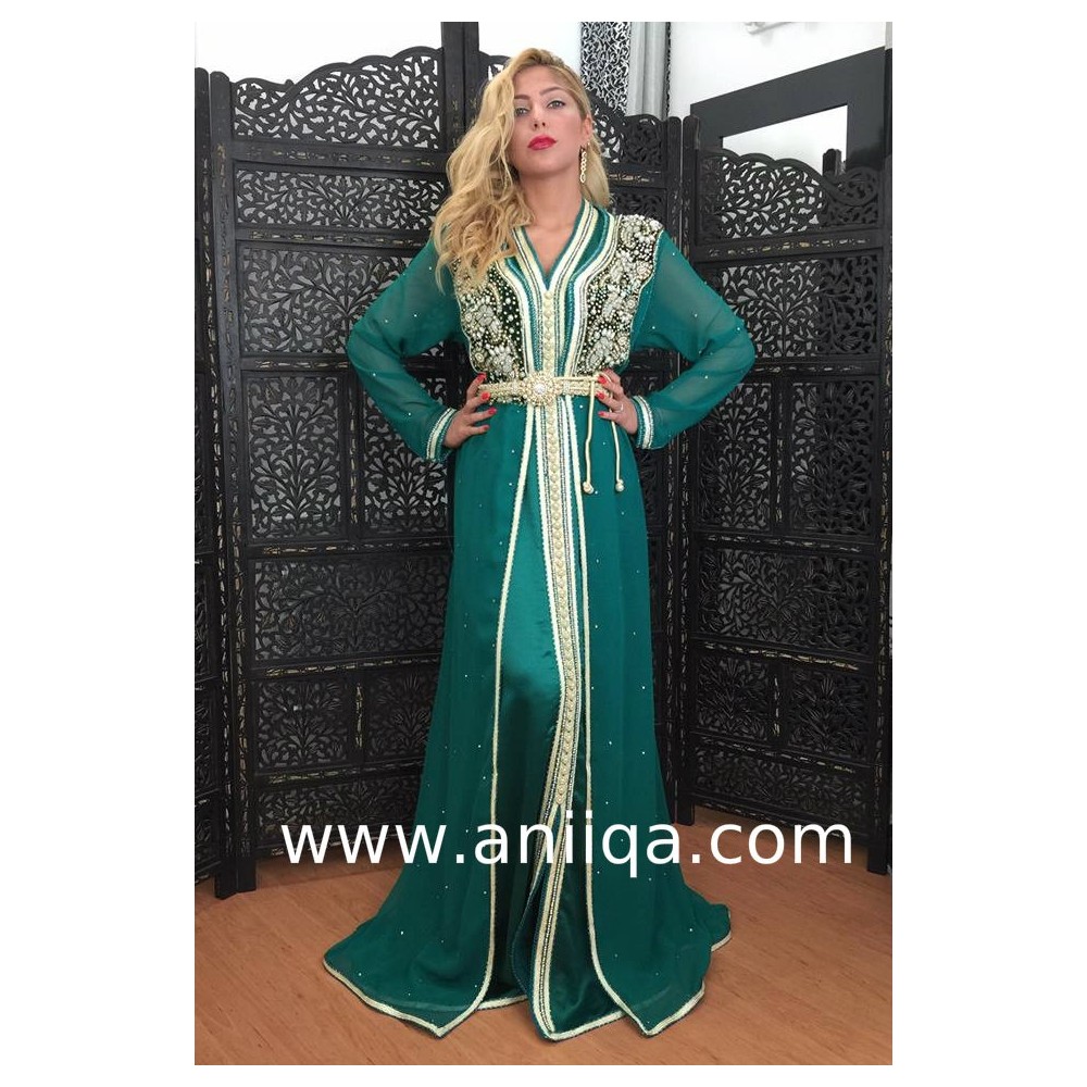 Caftan marocain vert emeraude strass /saree Loubna