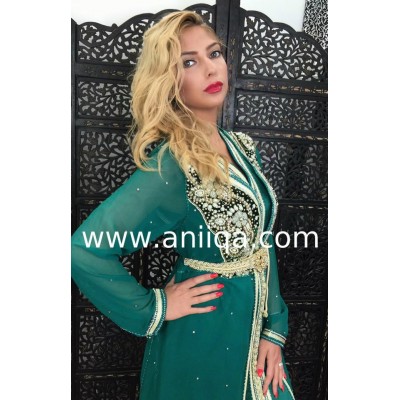 Caftan marocain vert emeraude strass /saree Loubna