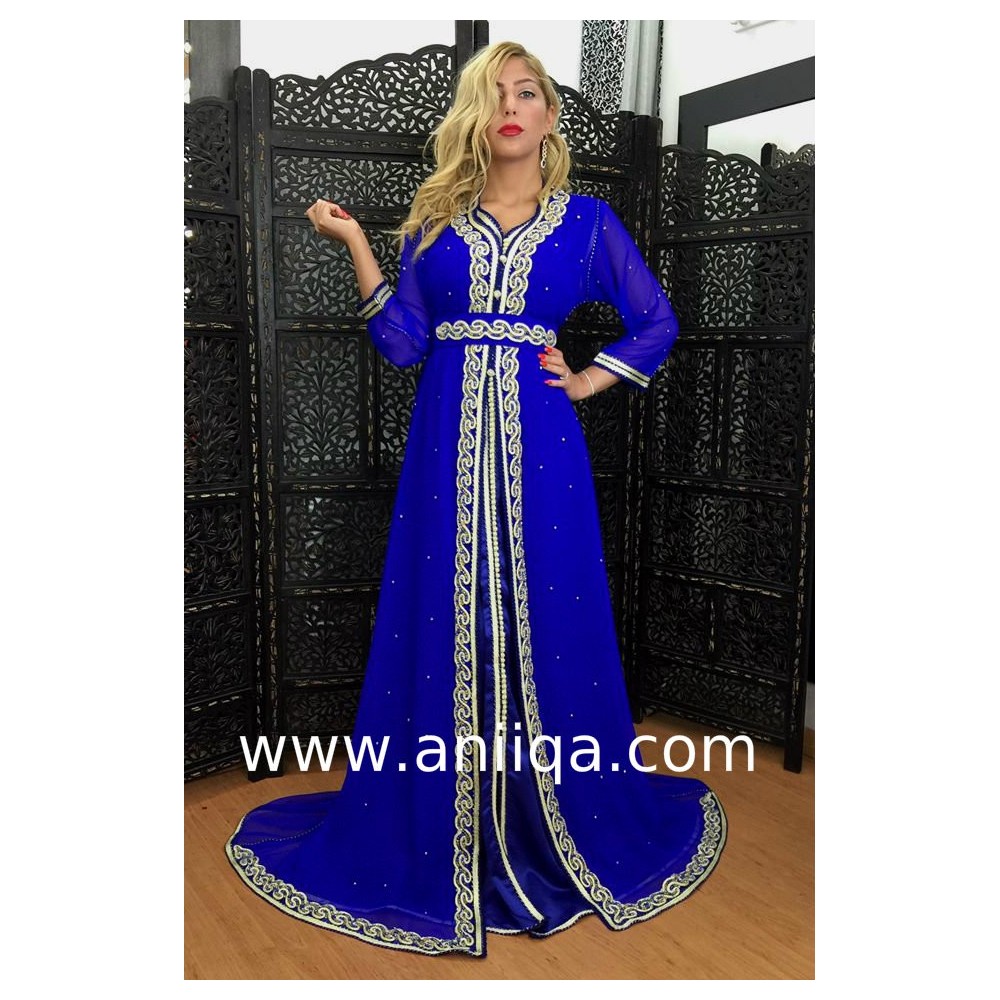 Caftan marocain bleu roi perlé et travaillé maalam 