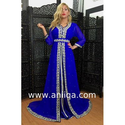 Caftan marocain bleu roi perlé et travaillé maalam 