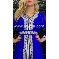 Caftan marocain bleu roi perlé et travaillé maalam 