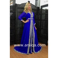 Caftan marocain bleu roi perlé et travaillé maalam 