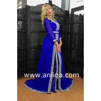 Caftan marocain bleu roi perlé et travaillé maalam 