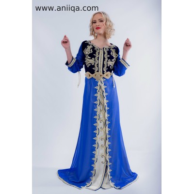 caftan marocain bleu roi et or Louna